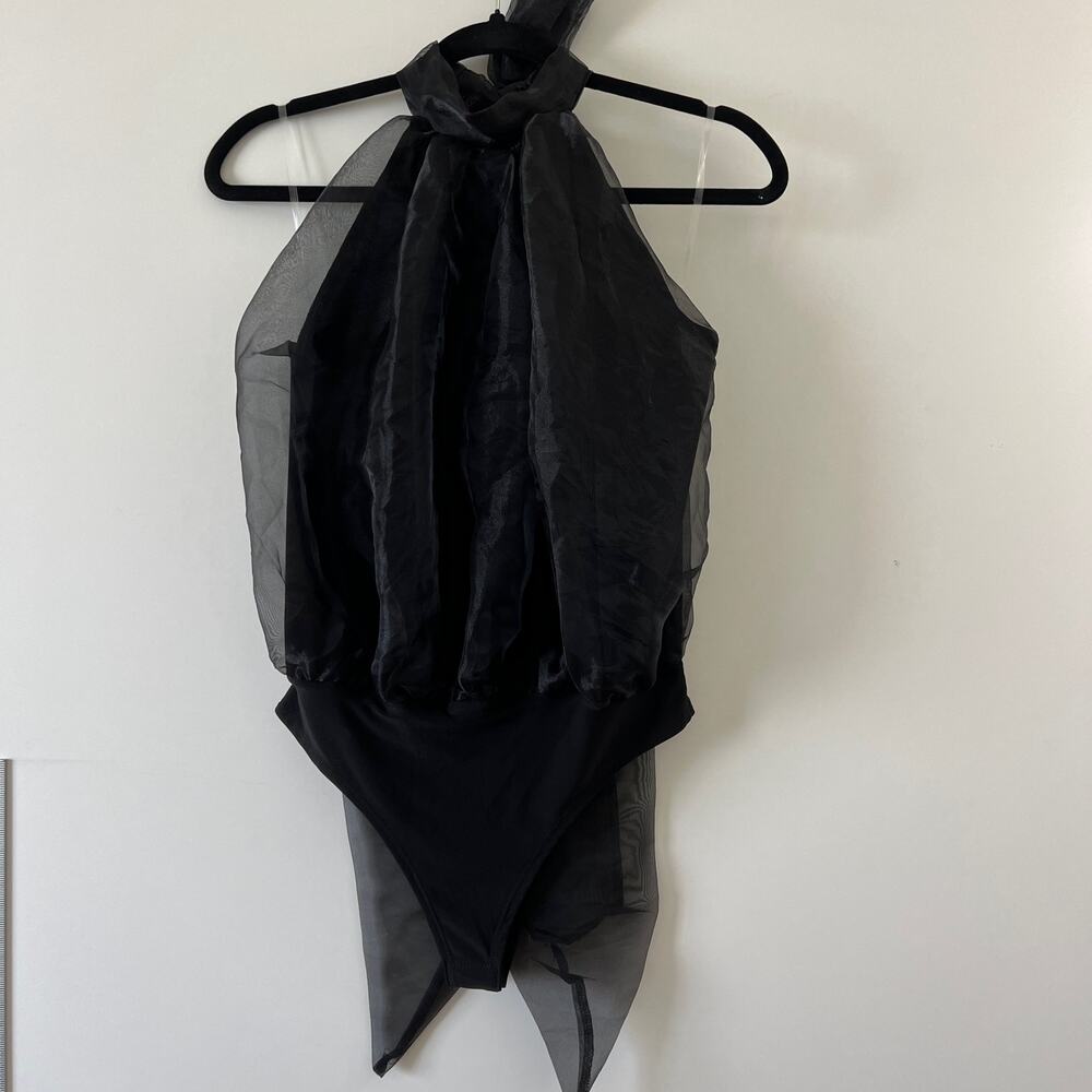 Klesis Black Organza Halter Mock Neck Thong Bodysuit Womens Medium - Picture 2 of 13